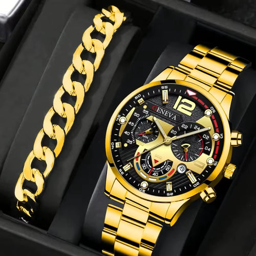 A Men'S New Popular Steel Strip Fashion Business Three Eye Quartz Watch Set, Suitable for Fashion Matching