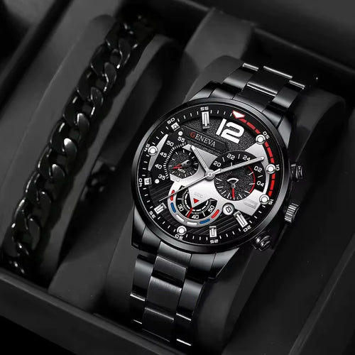 A Men'S New Popular Steel Strip Fashion Business Three Eye Quartz Watch Set, Suitable for Fashion Matching